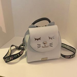 Betsy Johnson Kitten Backpack Purse Faux Leather Sky Blue and Black